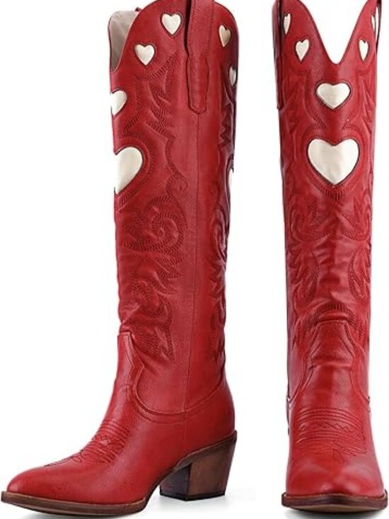 Shoes - Women's Red Wide Calf Round Toe Chunky Stacked Heel Knee High Cowgirl Boot